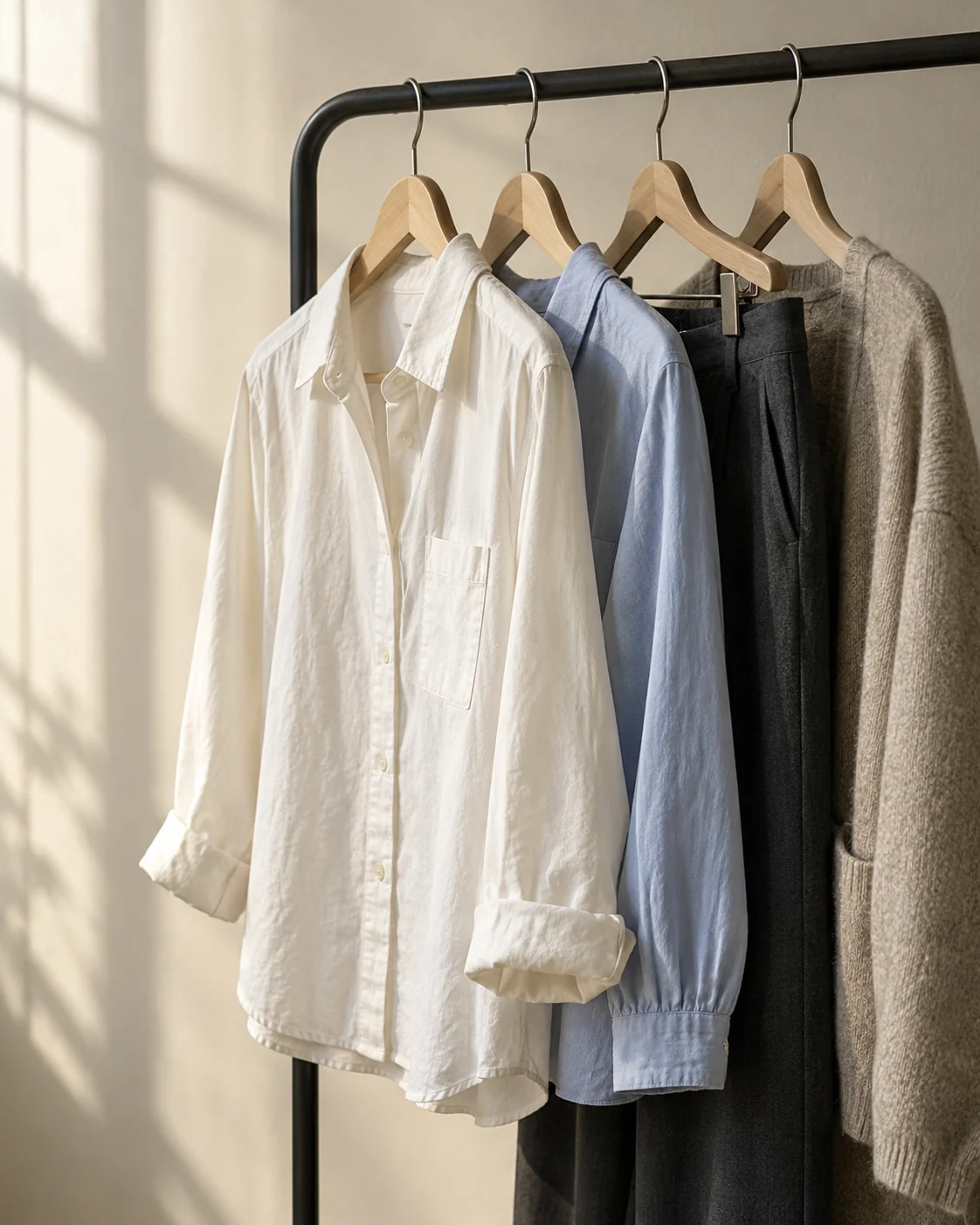 new shirts, trousers and knitwear on a clothing rail