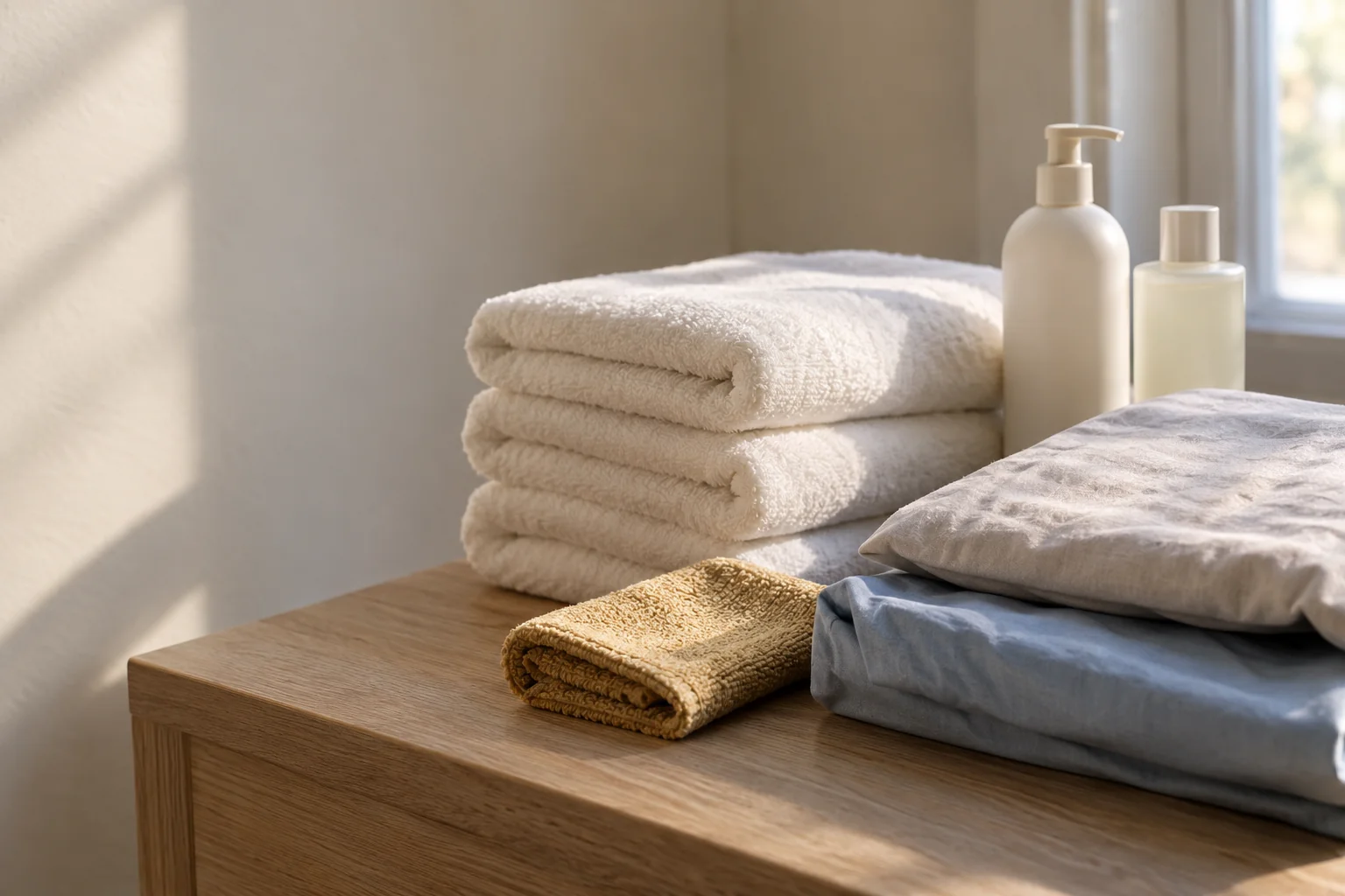 folded linens and unlabelled personal-care products