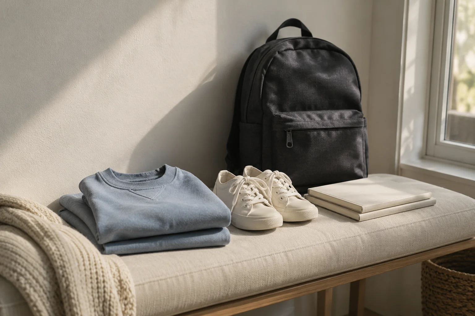 children’s clothing, shoes, a backpack and notebooks