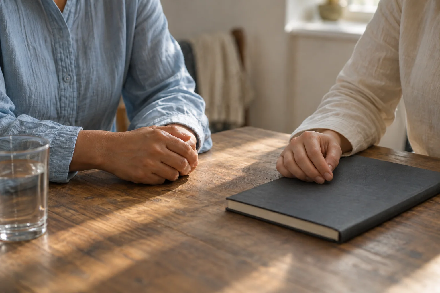 Two people sitting together at a table in conversation