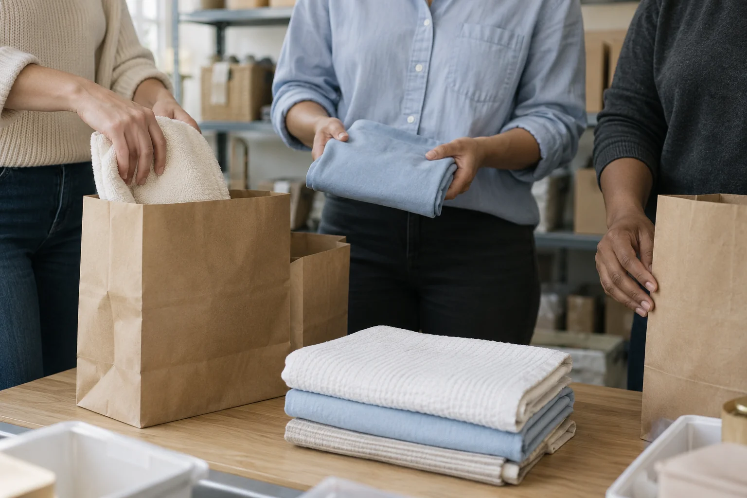 three adults preparing new clothing and towels together