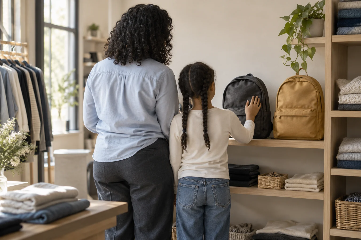 A mother and child choosing a school backpack, seen from behind