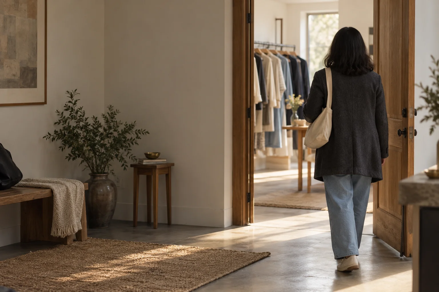a woman arriving in a welcoming showroom, seen from behind