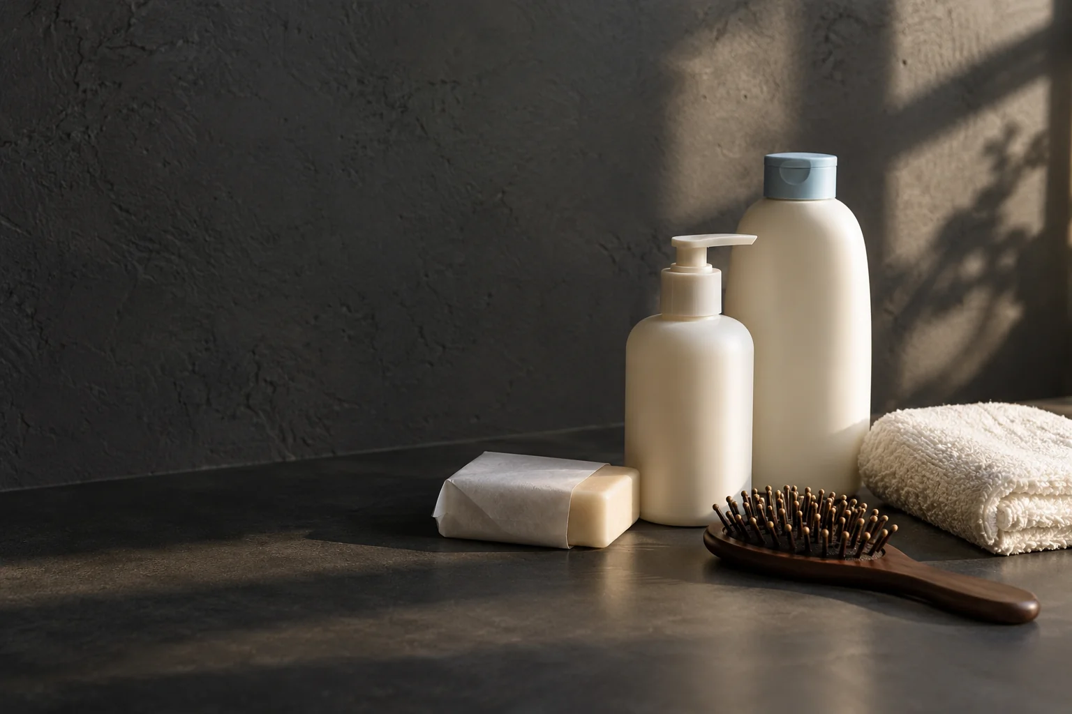 unlabelled personal-care essentials on a charcoal surface