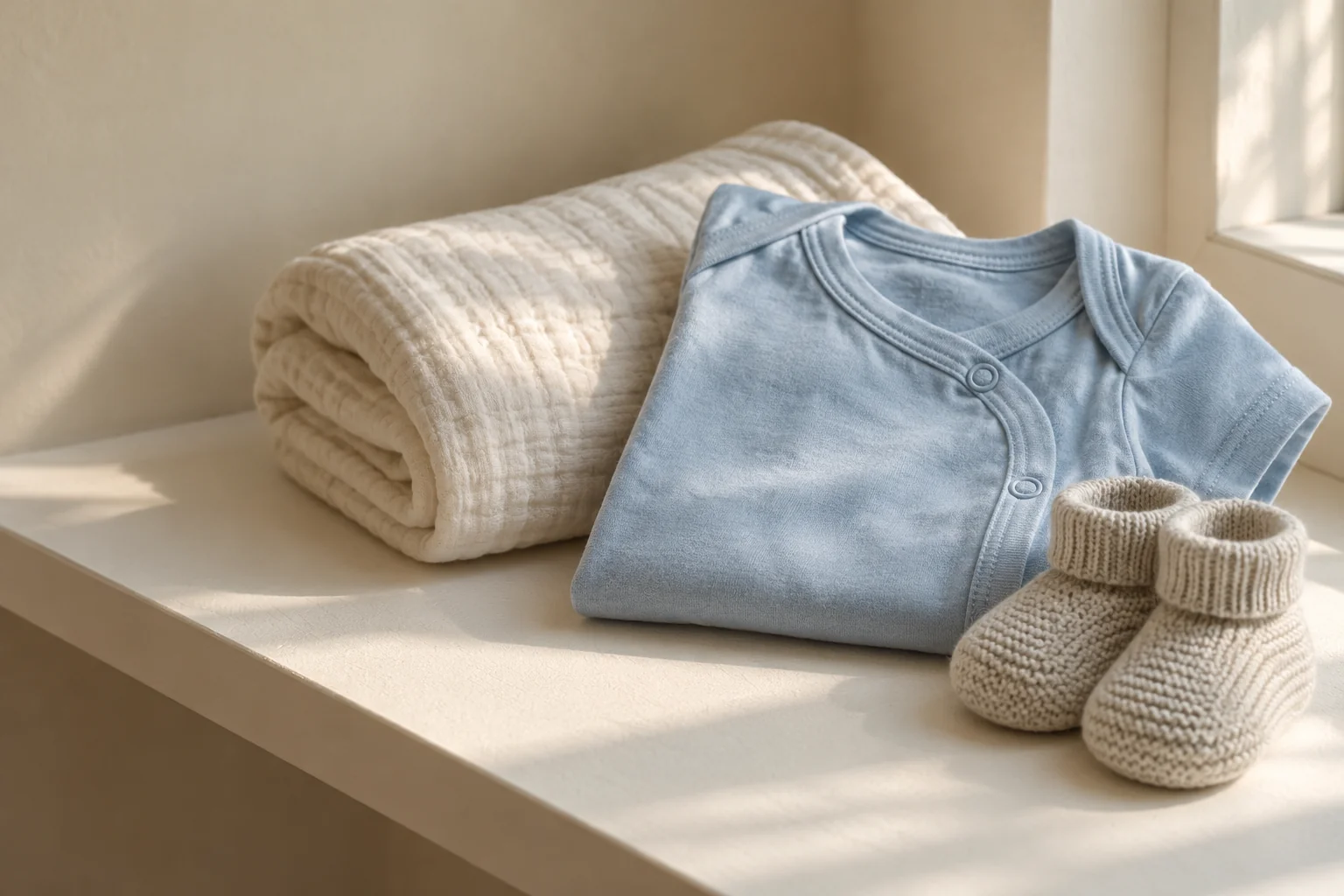 new infant clothing, knitted booties and a cotton blanket