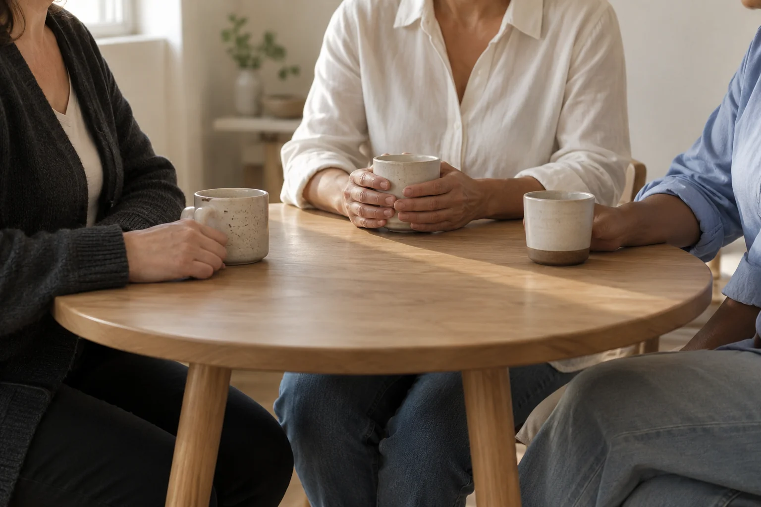 three adults in conversation around a table, faces outside the frame