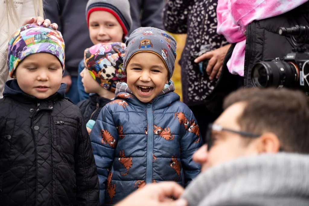Children gathered during the visit in Poland