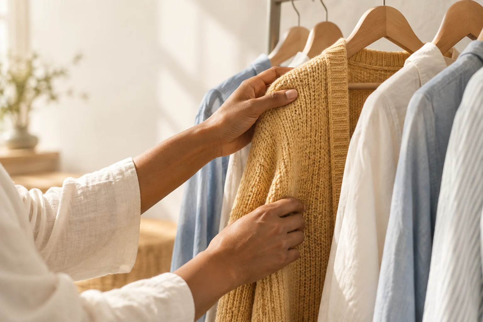 Illustrative hands choosing new clothing