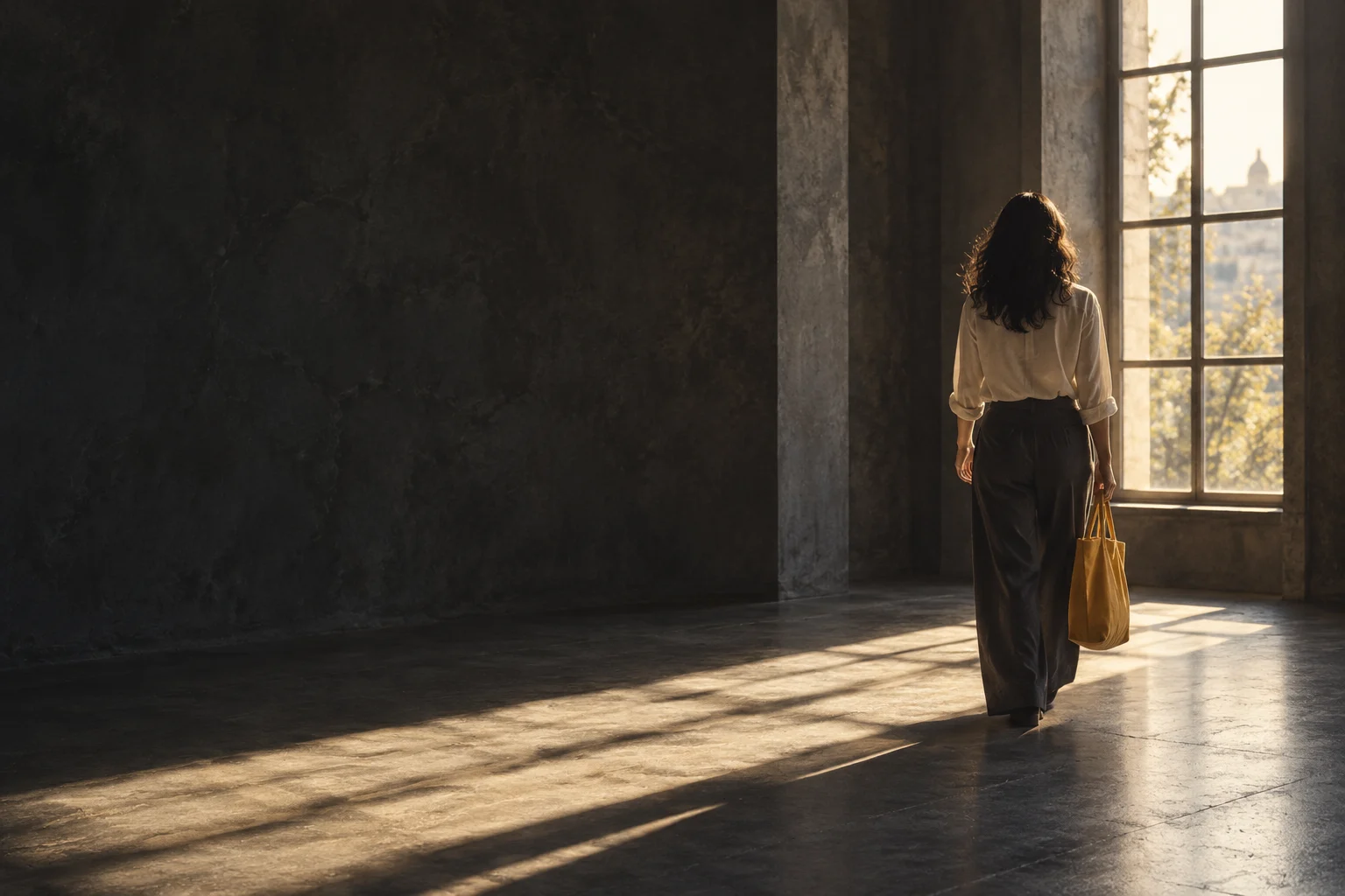 Illustrative woman walking toward daylight, seen from behind