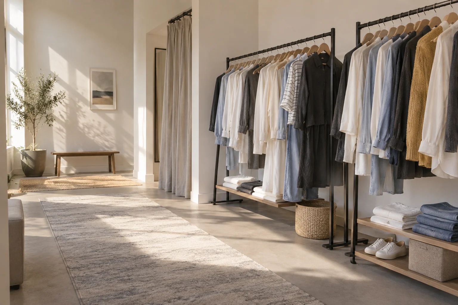 New clothing is neatly arranged on rails in a softly lit showroom setting.